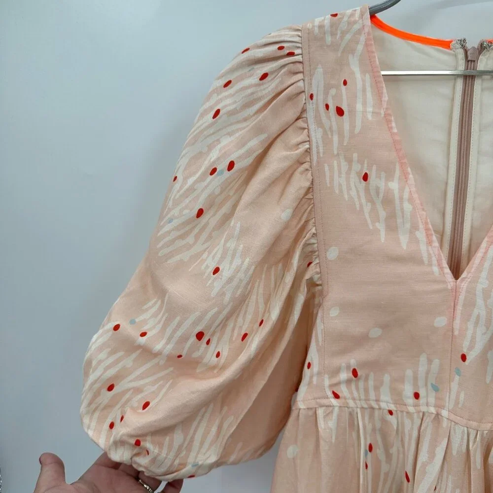 Hunter Bell Abstract Coral Palmer Linen Maxi Dress size XS Puff Sleeve Tiered - Picture 6 of 16